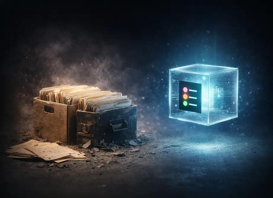 Vanhan arkiston tiedostoja siirretään kohti uutta digitaalista ratkaisua, mikä kuvaa hallittua siirtymää.