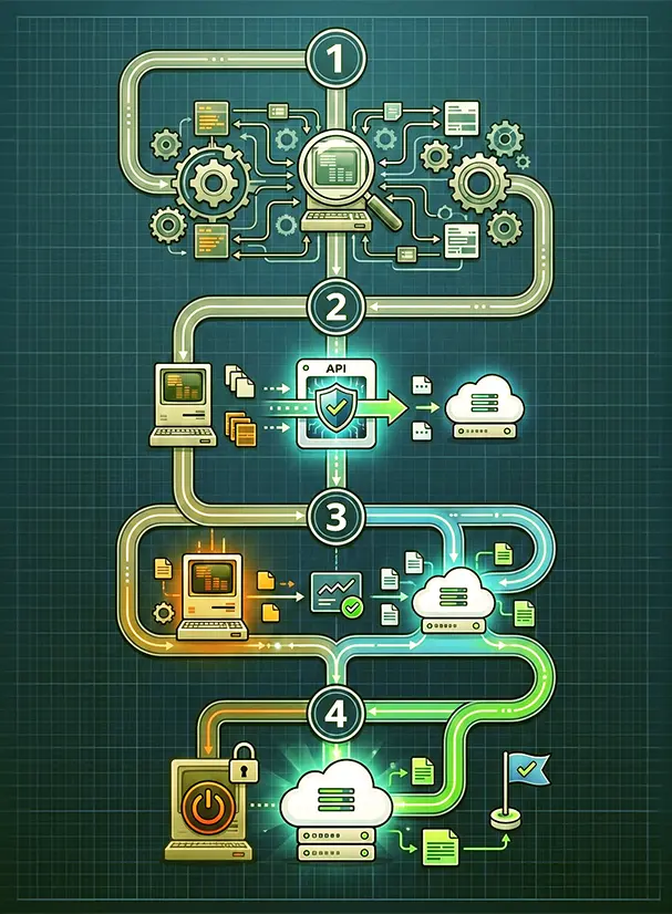 Valopolku ja askelmerkit kuvaavat legacy-järjestelmän hallittua siirtymää vaihe vaiheelta.