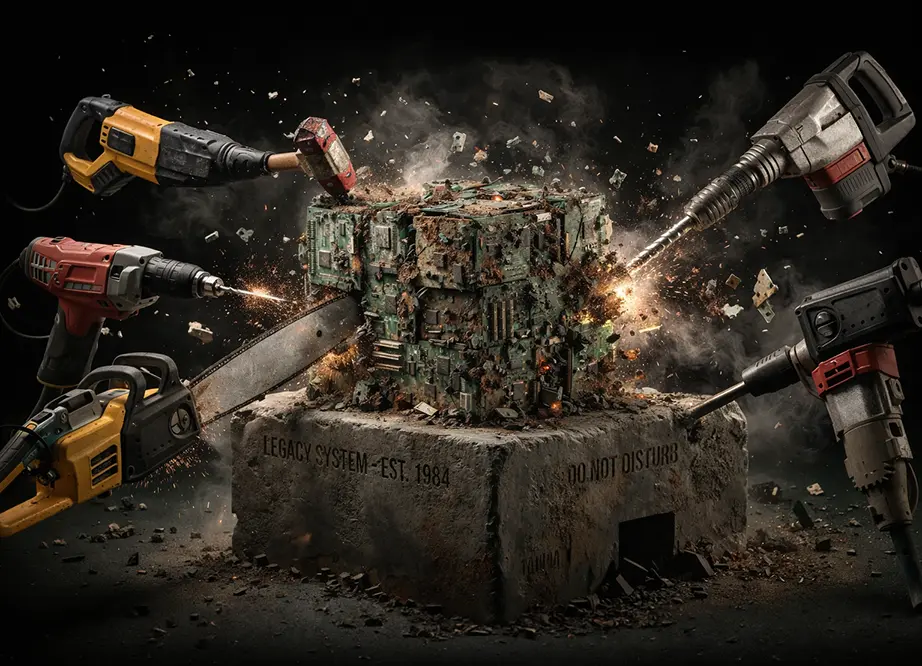 Vanhaa legacy-järjestelmää yritetään poistaa rajusti työkaluilla, mikä kuvastaa miksi kaikki kerralla epäonnistuu.